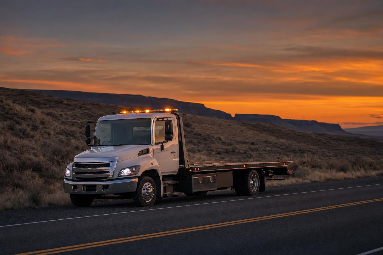 White flatbed tow truck with amber beacon lights parked on a two-lane road near Richland, WA high desert hills at dusk